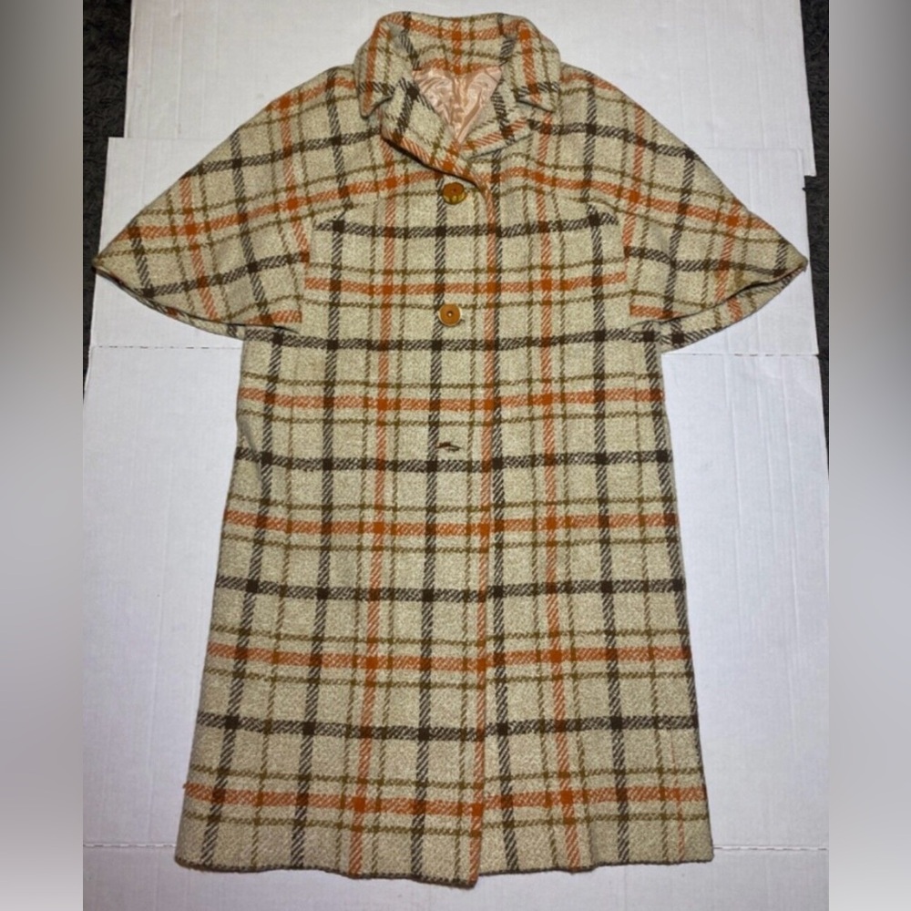 Vtg 60s Mary Lane ILGWU Wool Cap Sleeve Plaid Coat W Pink/Peach Lining Unionmade